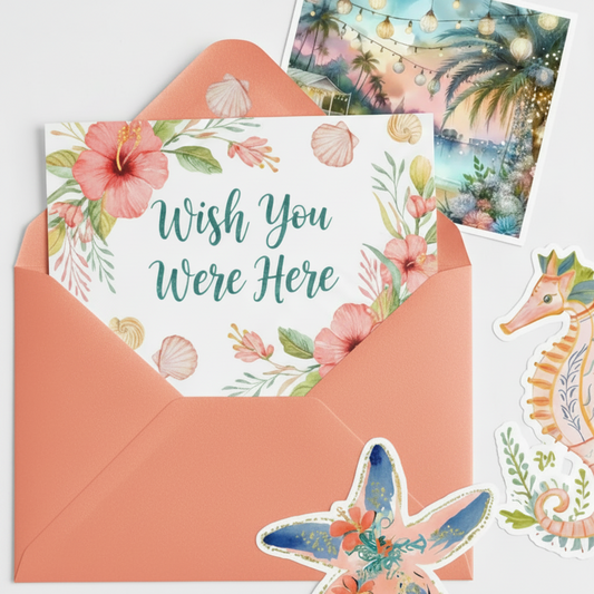 Wish You Were Here coastal mailer flat lay with envelope, stickers, and postcard